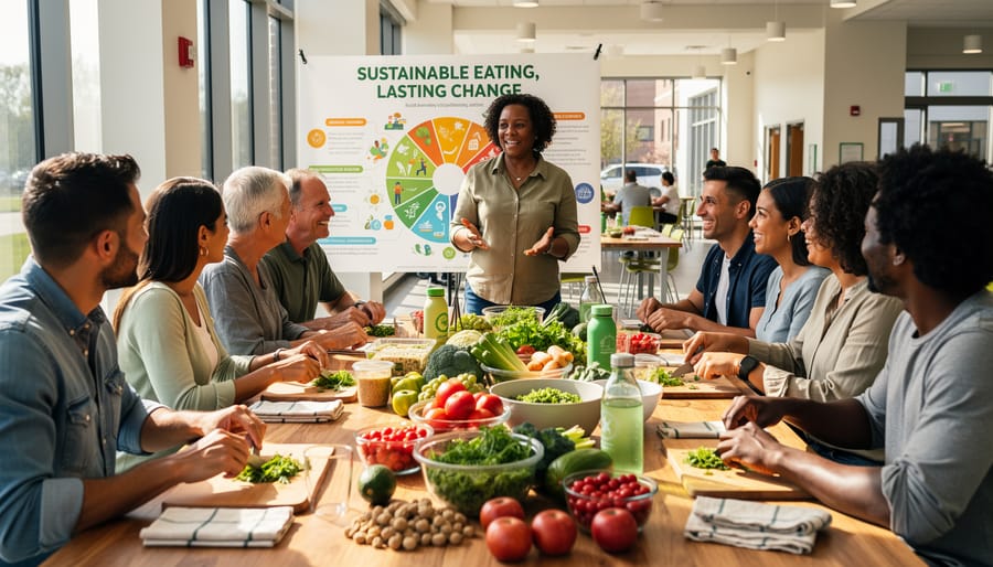 Group of people collaborating together while preparing fresh vegetables in kitchen