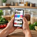 Hands holding a smartphone over a wooden kitchen table with fresh vegetables and reusable jars; the phone displays a blurred, generic social feed without readable text, highlighting the tension between online boosting and authentic sustainability.