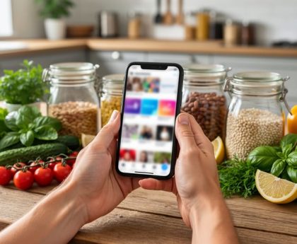 Hands holding a smartphone over a wooden kitchen table with fresh vegetables and reusable jars; the phone displays a blurred, generic social feed without readable text, highlighting the tension between online boosting and authentic sustainability.