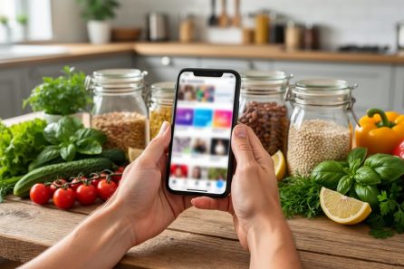 Hands holding a smartphone over a wooden kitchen table with fresh vegetables and reusable jars; the phone displays a blurred, generic social feed without readable text, highlighting the tension between online boosting and authentic sustainability.