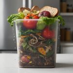 Close-up of a compost bin overflowing with discarded vegetables and bread on a kitchen countertop under soft daylight.