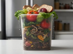 Close-up of a compost bin overflowing with discarded vegetables and bread on a kitchen countertop under soft daylight.