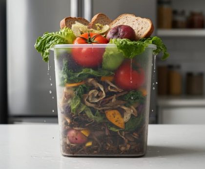 Close-up of a compost bin overflowing with discarded vegetables and bread on a kitchen countertop under soft daylight.