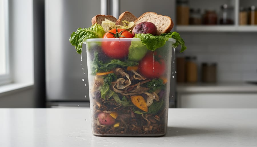 Close-up of a compost bin overflowing with discarded vegetables and bread on a kitchen countertop under soft daylight.