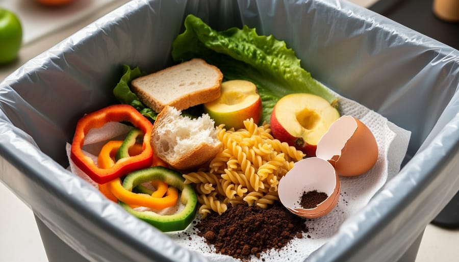 Kitchen trash bin overflowing with food scraps like apple cores and vegetable peels