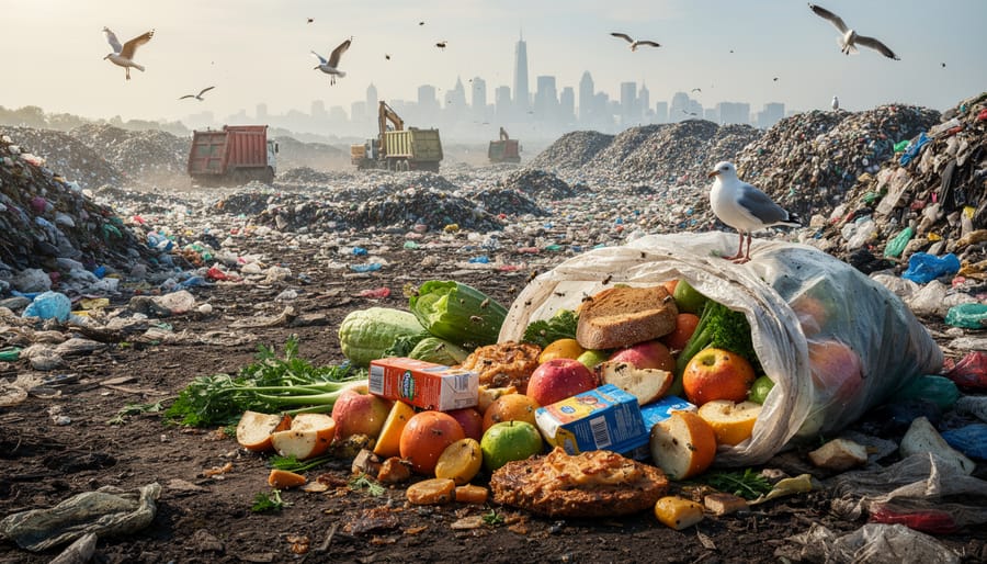 Low-angle view of food waste materials at the edge of a landfill under overcast light