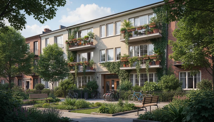 An older UK apartment building facade with ivy and well-maintained windows in soft daylight.