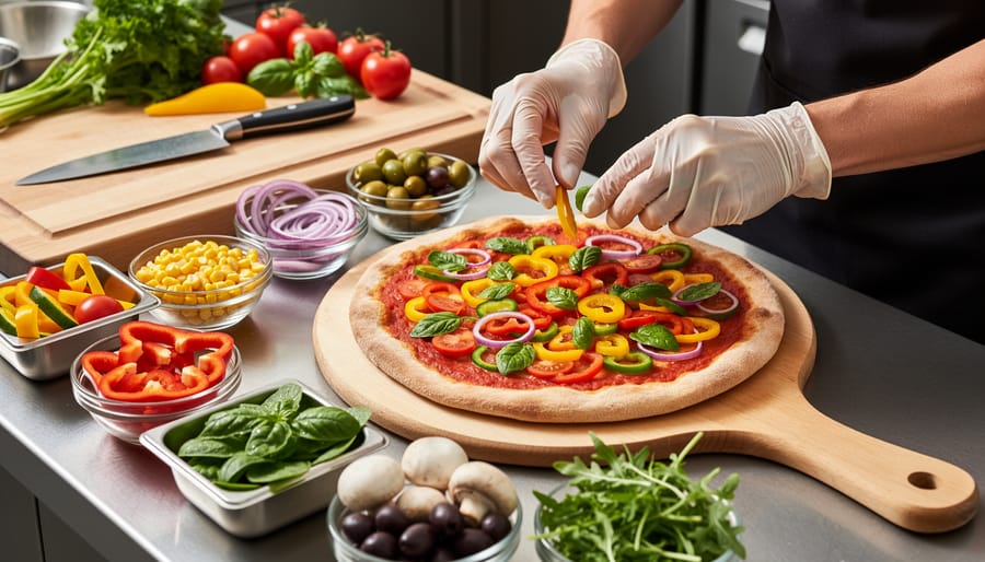 Close view of hands adding sliced vegetables to a pizza crust on a kitchen counter.