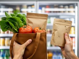 Hands selecting fresh seasonal produce from a reusable tote in a grocery store aisle, with shelves blurred in the background.