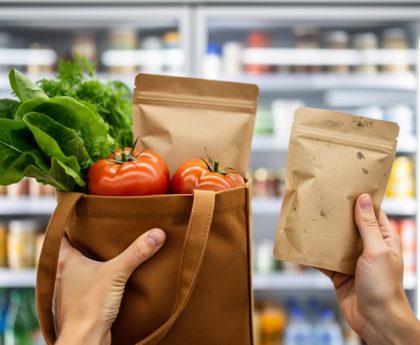 Hands selecting fresh seasonal produce from a reusable tote in a grocery store aisle, with shelves blurred in the background.