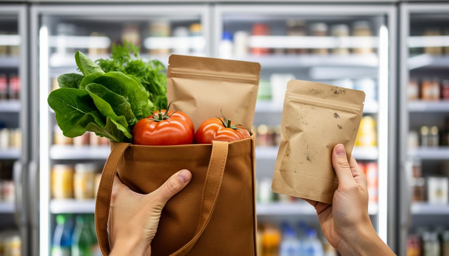 Hands selecting fresh seasonal produce from a reusable tote in a grocery store aisle, with shelves blurred in the background.