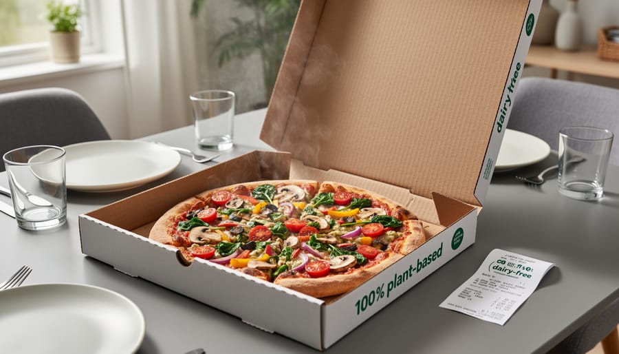 Delivered vegetable-topped pizza on a dining table with soft evening lighting and blurred background lights.
