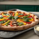 Cheese-free vegetable pizza with mushrooms, peppers, and spinach, alongside a small bowl of plant-based vegan cheese alternatives on a baking tray.