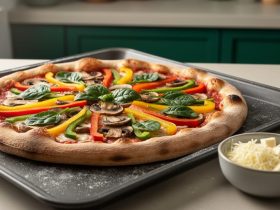 Cheese-free vegetable pizza with mushrooms, peppers, and spinach, alongside a small bowl of plant-based vegan cheese alternatives on a baking tray.