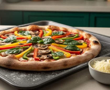 Cheese-free vegetable pizza with mushrooms, peppers, and spinach, alongside a small bowl of plant-based vegan cheese alternatives on a baking tray.