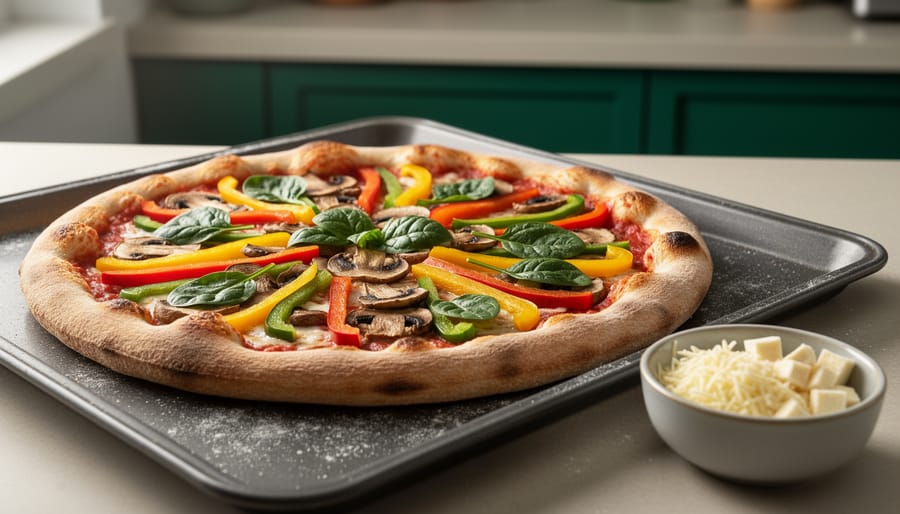Cheese-free vegetable pizza with mushrooms, peppers, and spinach, alongside a small bowl of plant-based vegan cheese alternatives on a baking tray.