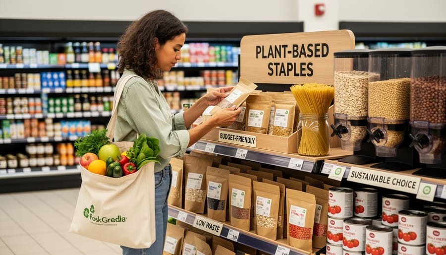 Hand reaching toward bulk bins of lentils and beans in a grocery store with other shoppers and aisles blurred in the background