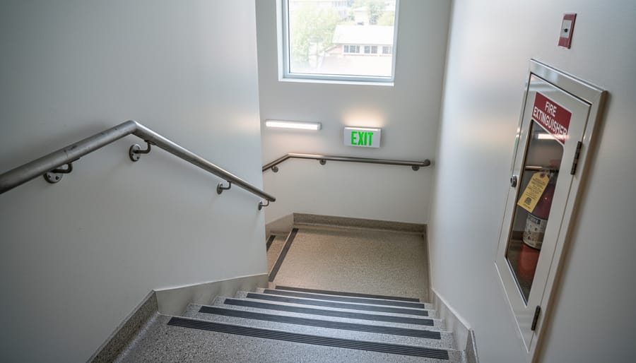 Inside a UK apartment building stairwell with concrete steps and soft daylight from an upper window.