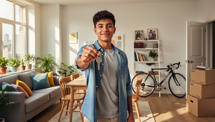 Person holding a house key near a window with a small indoor plant in a UK-style flat.