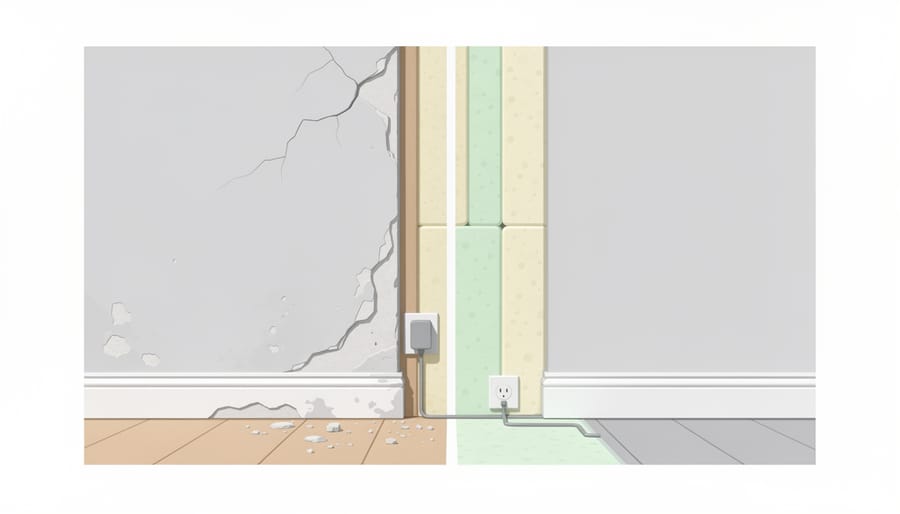 Photorealistic view of an interior wall showing repaired and worn areas with soft daylight.