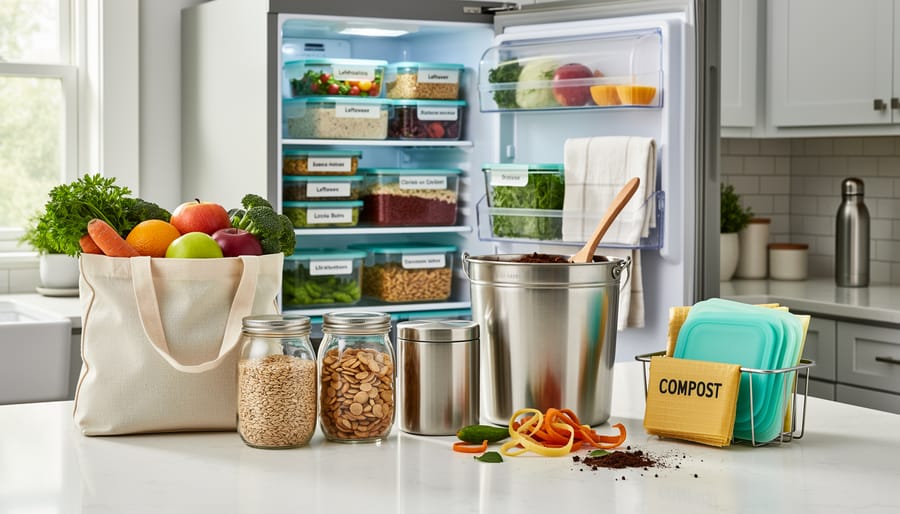 Reusable produce bag, glass jar of dried legumes, and compost pail with food scraps in a kitchen scene