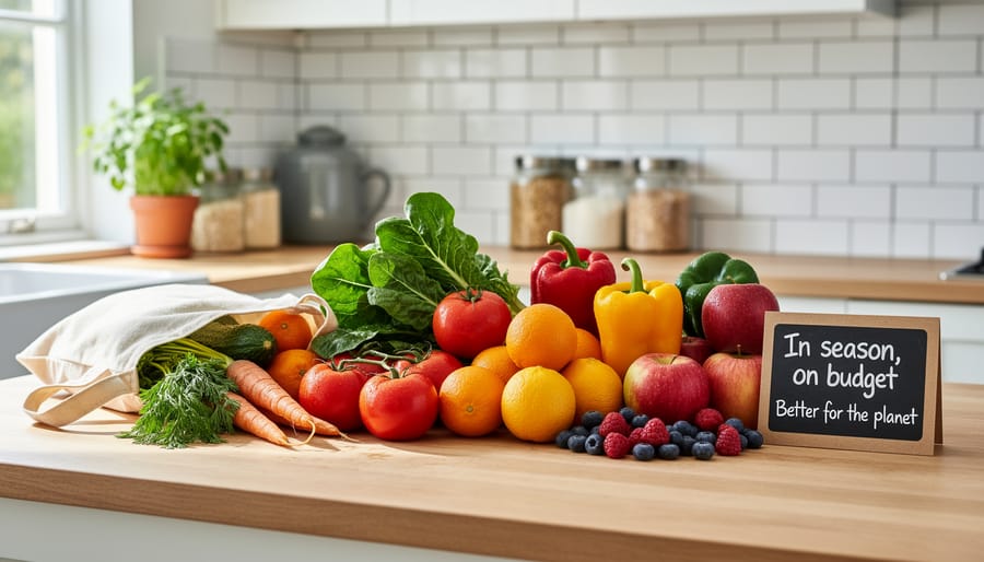 Seasonal vegetables arranged in a wooden crate on a kitchen counter with reusable bags and prep items softly blurred in the background