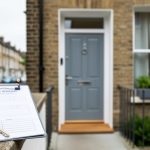 Key and clipboard beside a UK flat entrance and window, suggesting buying considerations for a short-lease apartment.