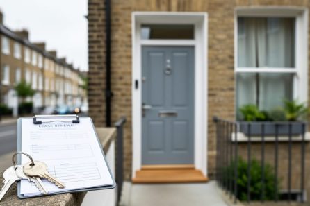 Key and clipboard beside a UK flat entrance and window, suggesting buying considerations for a short-lease apartment.