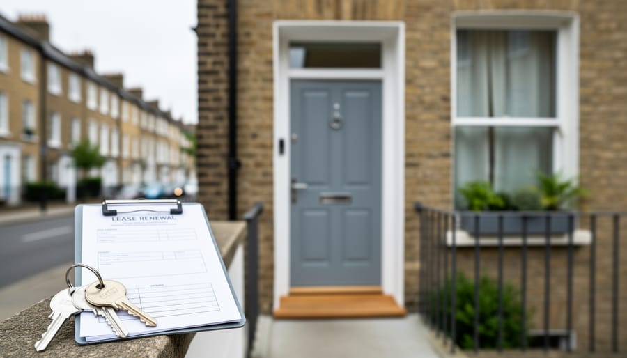 Key and clipboard beside a UK flat entrance and window, suggesting buying considerations for a short-lease apartment.