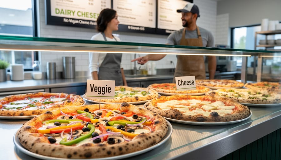 Vegetable-topped pizza and plain cheese pizza on a Domino’s-style counter with a warm, clean store background.