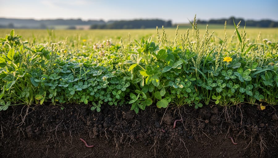 Close view of dark soil with visible roots and cover crops in a green farm field background