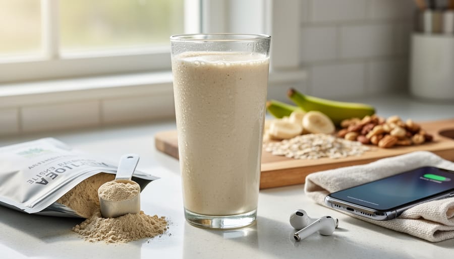 Close-up of a creamy beige smoothie made with plant-based protein powder in a clear glass