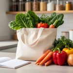 Fresh produce arranged on a kitchen counter with a reusable grocery tote and a blank meal-planning notebook, illustrating sustainable food planning.