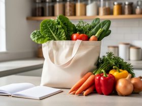 Fresh produce arranged on a kitchen counter with a reusable grocery tote and a blank meal-planning notebook, illustrating sustainable food planning.