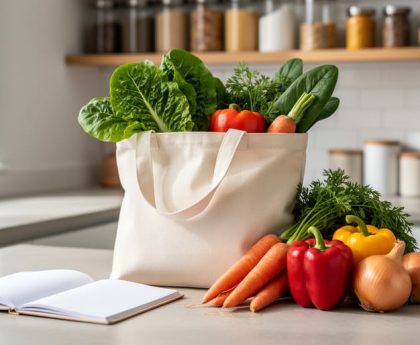 Fresh produce arranged on a kitchen counter with a reusable grocery tote and a blank meal-planning notebook, illustrating sustainable food planning.