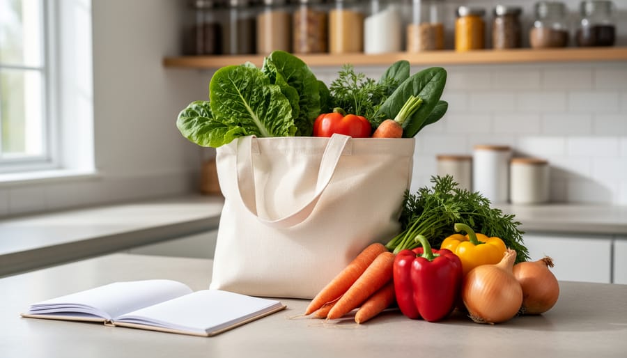 Fresh produce arranged on a kitchen counter with a reusable grocery tote and a blank meal-planning notebook, illustrating sustainable food planning.