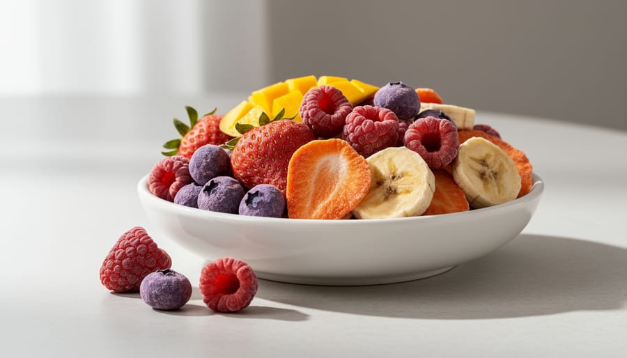 Jar of freeze-dried fruit slices with strawberry, mango, and apple on a wooden spoon.