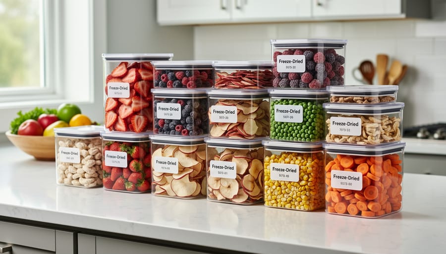 A pantry shelf with neatly stored sealed containers holding freeze-dried fruits