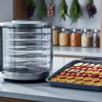 Freeze-dryer chamber and a dehydrator tray with dried fruit slices on a kitchen counter, representing freeze drying versus dehydrating for food preservation.