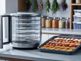 Freeze-dryer chamber and a dehydrator tray with dried fruit slices on a kitchen counter, representing freeze drying versus dehydrating for food preservation.
