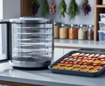 Freeze-dryer chamber and a dehydrator tray with dried fruit slices on a kitchen counter, representing freeze drying versus dehydrating for food preservation.