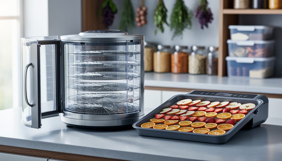 Freeze-dryer chamber and a dehydrator tray with dried fruit slices on a kitchen counter, representing freeze drying versus dehydrating for food preservation.