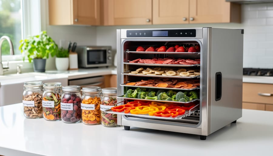 Stainless-steel home freeze dryer on a kitchen countertop with trays visible in the foreground
