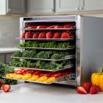 Home freeze dryer on a kitchen counter with fresh strawberries, kale, and peppers arranged nearby to show home freeze-drying for sustainability.