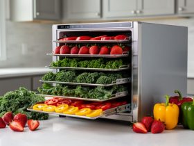 Home freeze dryer on a kitchen counter with fresh strawberries, kale, and peppers arranged nearby to show home freeze-drying for sustainability.