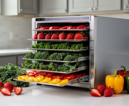 Home freeze dryer on a kitchen counter with fresh strawberries, kale, and peppers arranged nearby to show home freeze-drying for sustainability.