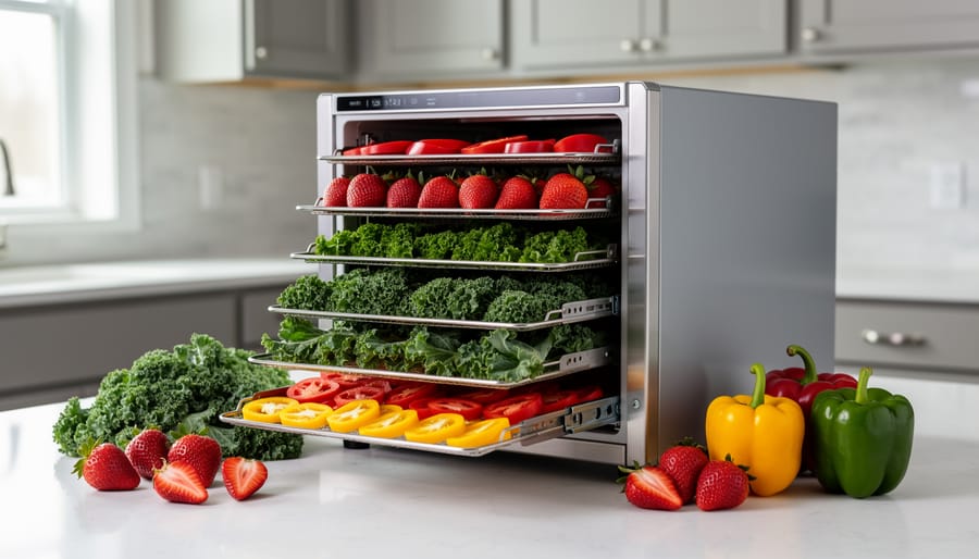 Home freeze dryer on a kitchen counter with fresh strawberries, kale, and peppers arranged nearby to show home freeze-drying for sustainability.