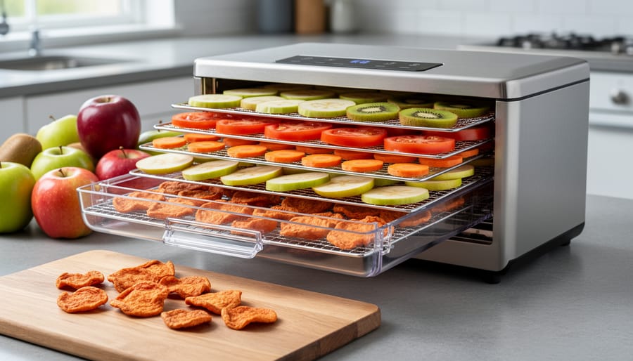 Food dehydrator tray with banana chips and vegetable slices on a kitchen counter.