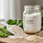 A close-up of a scoop and jar of organic plant protein powder with pea pods, hemp hearts, rice grains, and leafy greens on a wooden surface.