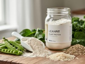 A close-up of a scoop and jar of organic plant protein powder with pea pods, hemp hearts, rice grains, and leafy greens on a wooden surface.